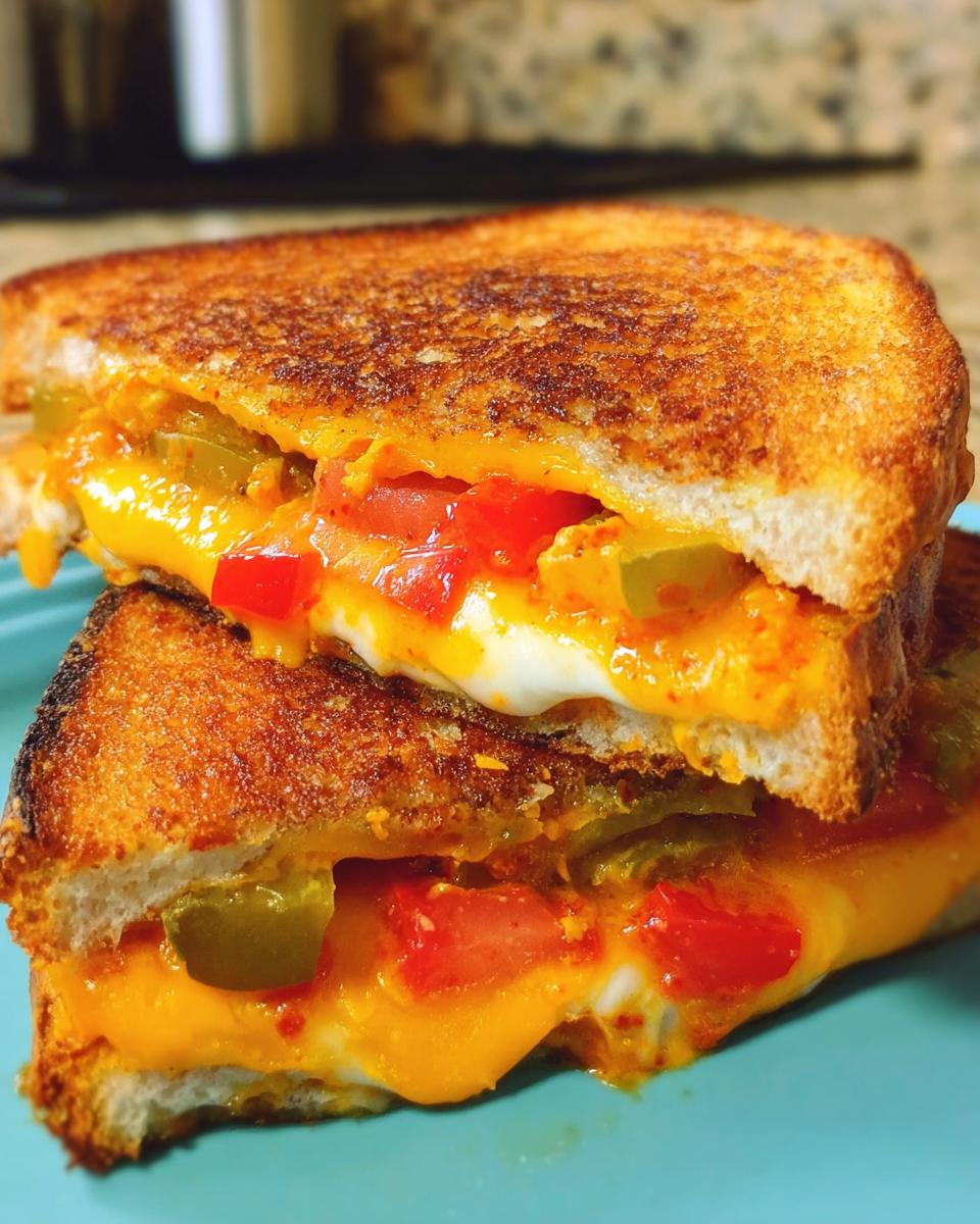 A close-up of a gourmet grilled cheese sandwich, cut in half, revealing melted cheese, diced tomatoes, and pickles.