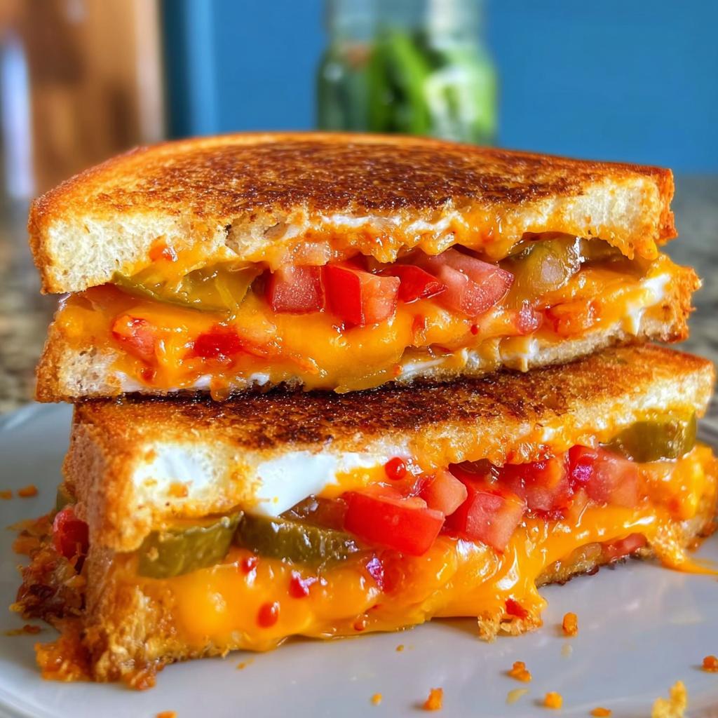 A close-up of a decadent 20-ingredient grilled cheese sandwich, cut in half and stacked, revealing melted cheese, diced tomatoes, and pickles.