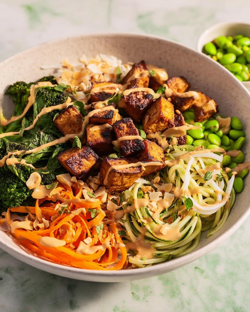 A vibrant and colorful 20-ingredient rice bowl featuring crispy tofu, broccoli, shredded carrots, zucchini noodles, and edamame, drizzled with sauce.