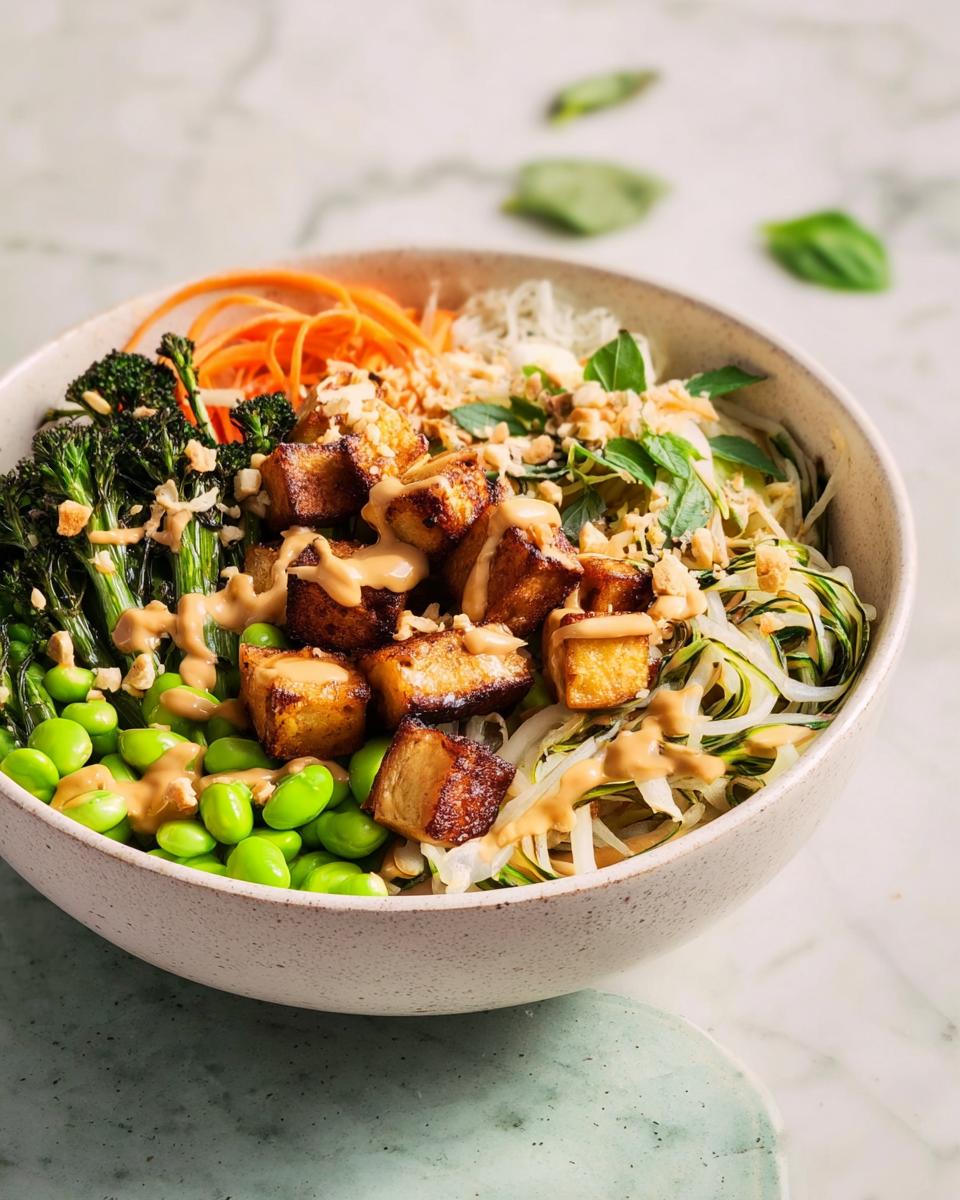 A vibrant 20-ingredient rice bowl featuring crispy tofu, edamame, broccoli, shredded carrots, and a creamy peanut dressing.