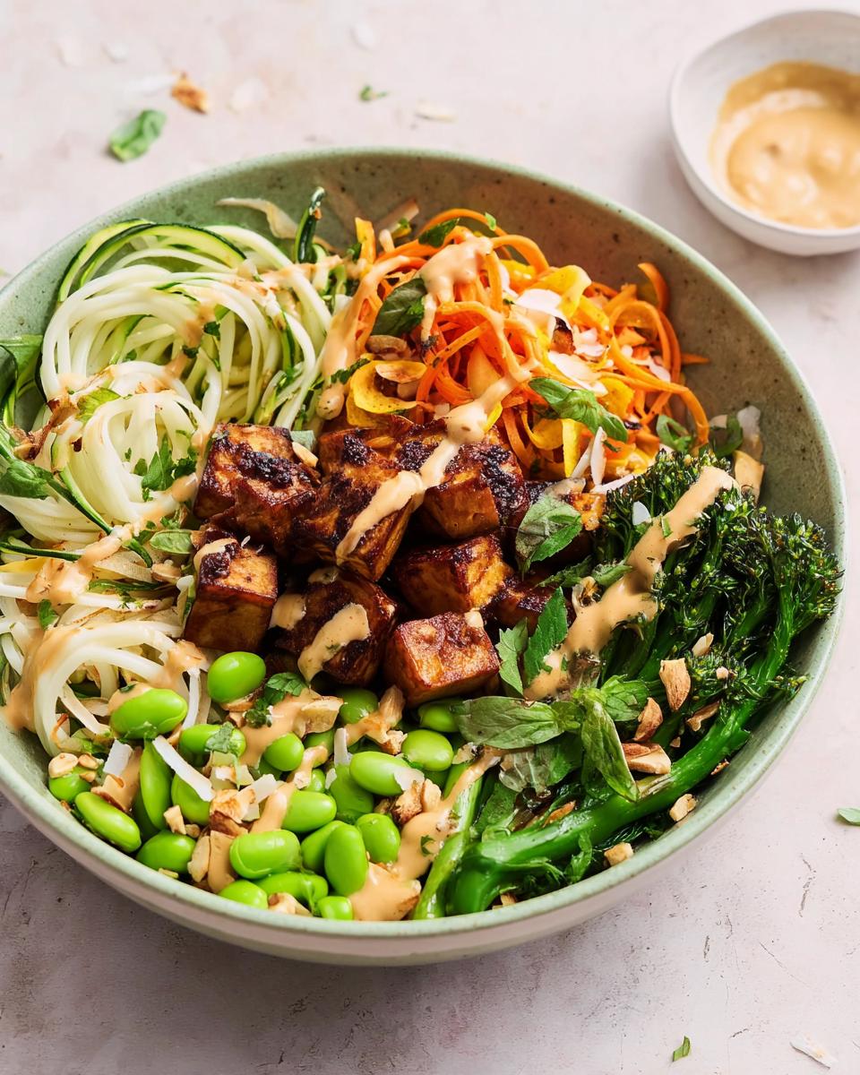 A vibrant bowl featuring 20-Ingredient Rice Bowls Recipe with spiralized zucchini, shredded carrots, edamame, broccolini, and glazed tofu.