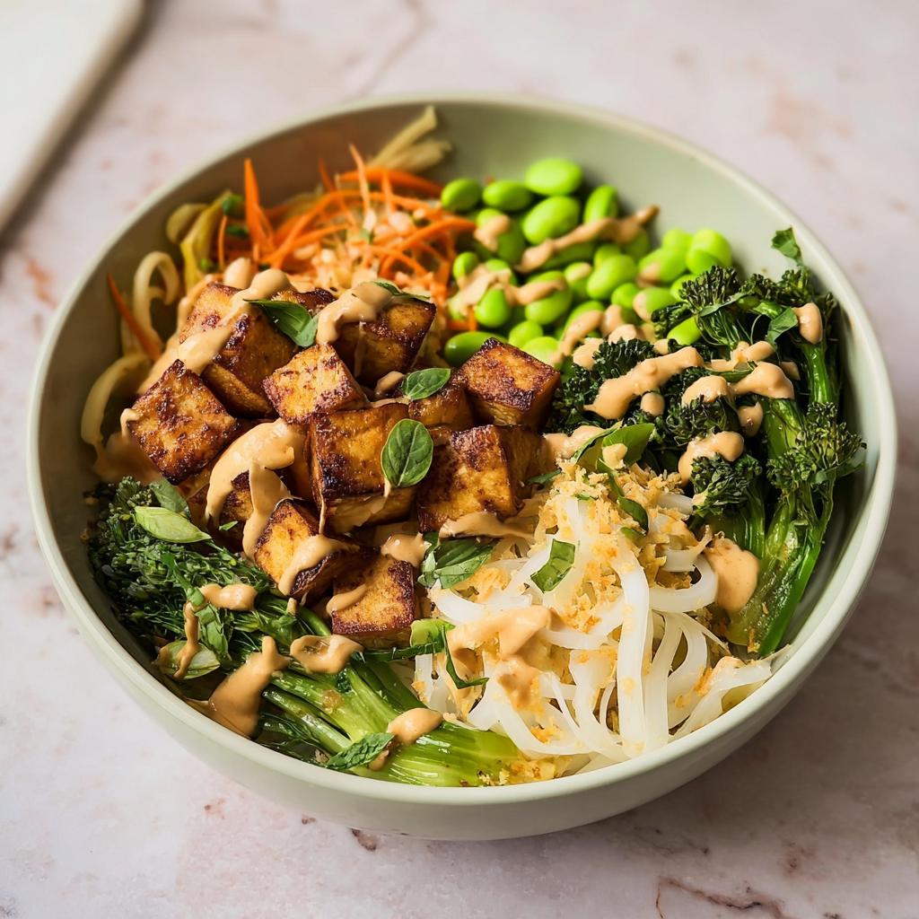 A vibrant and delicious bowl featuring crispy tofu, edamame, broccoli, shredded carrots, and noodles, drizzled with a creamy sauce. A perfect 20-Ingredient Rice Bowls Recipe.