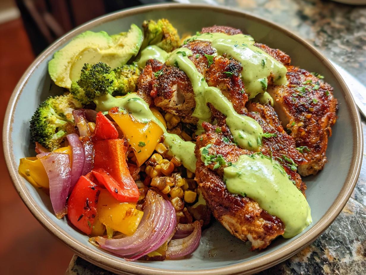A vibrant bowl featuring seasoned chicken pieces, roasted vegetables, avocado slices, and a creamy green sauce, perfect for quick chicken recipes.