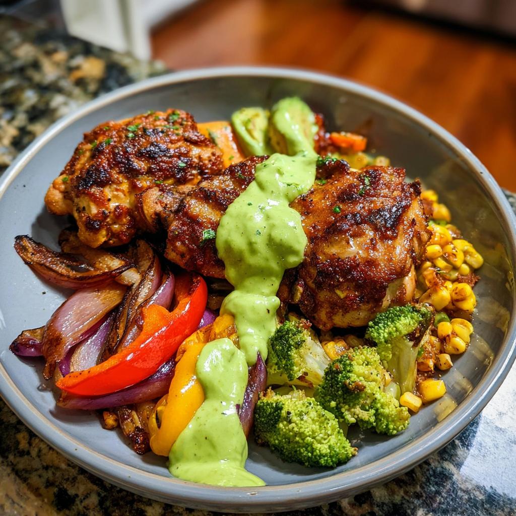 A bowl of roasted chicken thighs with colorful roasted vegetables and a drizzle of green sauce, perfect for 20 minute chicken recipes.
