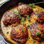 Four pan-seared chicken thighs in a rich, creamy sauce, garnished with fresh thyme and parsley. A quick and delicious chicken thigh recipe.