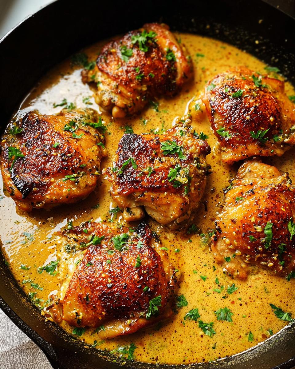 Close-up of pan-seared chicken thighs in a rich, creamy sauce, garnished with parsley. Perfect for 20 minute chicken thigh recipes.