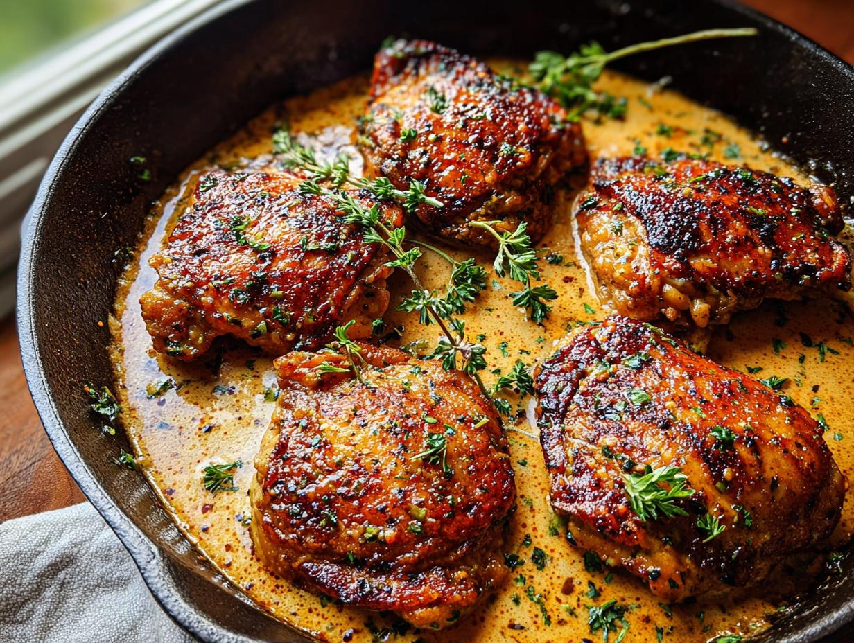 Four pan-seared chicken thighs in a rich, creamy sauce, garnished with fresh thyme and parsley. A quick and delicious chicken thigh recipe.