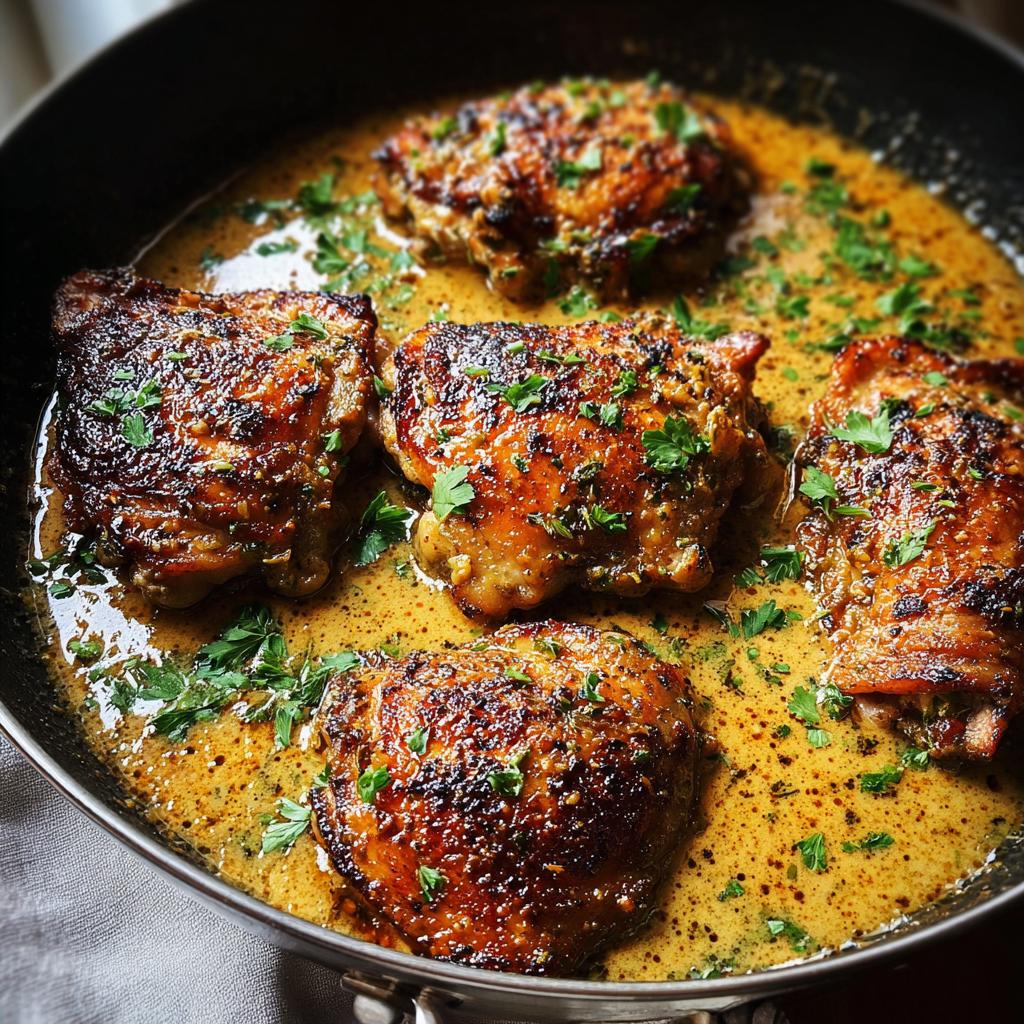 Close-up of juicy, pan-seared chicken thighs in a creamy sauce, garnished with parsley. Perfect for 20 minute chicken thigh recipes.