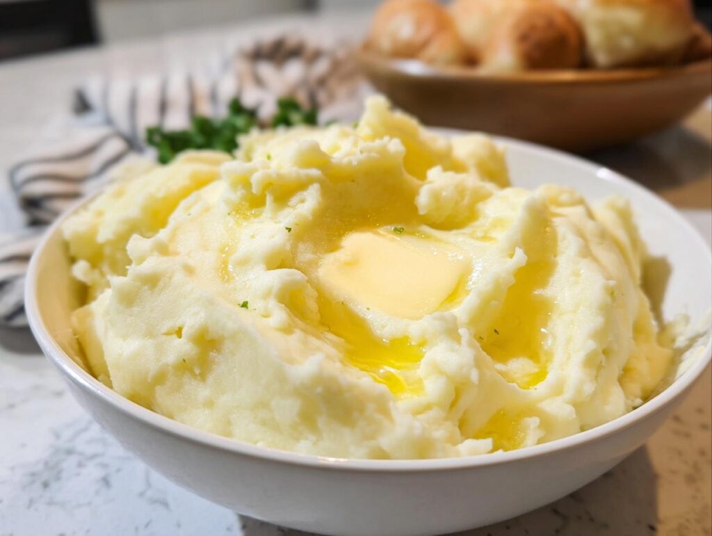 A bowl of fluffy mashed potatoes with melted butter on top, part of a 20 minute mashed potatoes recipe.