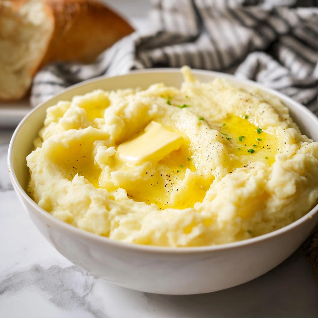 A bowl of fluffy mashed potatoes topped with butter and chives, part of our 20 minute mashed potatoes recipes.