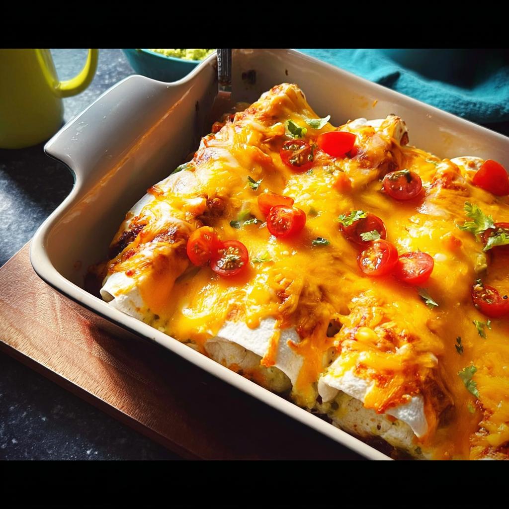Close-up of cheesy enchiladas topped with cherry tomatoes and cilantro, part of 25-Ingredient Healthy Meals Recipes.
