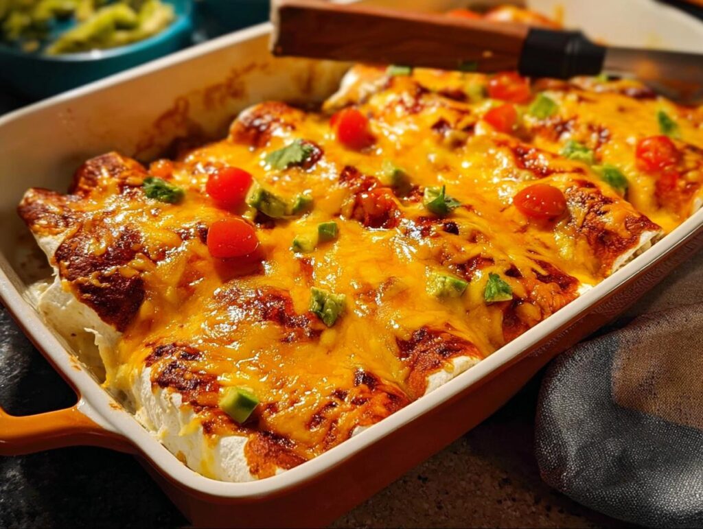 Close-up of cheesy enchiladas topped with cherry tomatoes and avocado, part of a 25-ingredient healthy meals recipe.