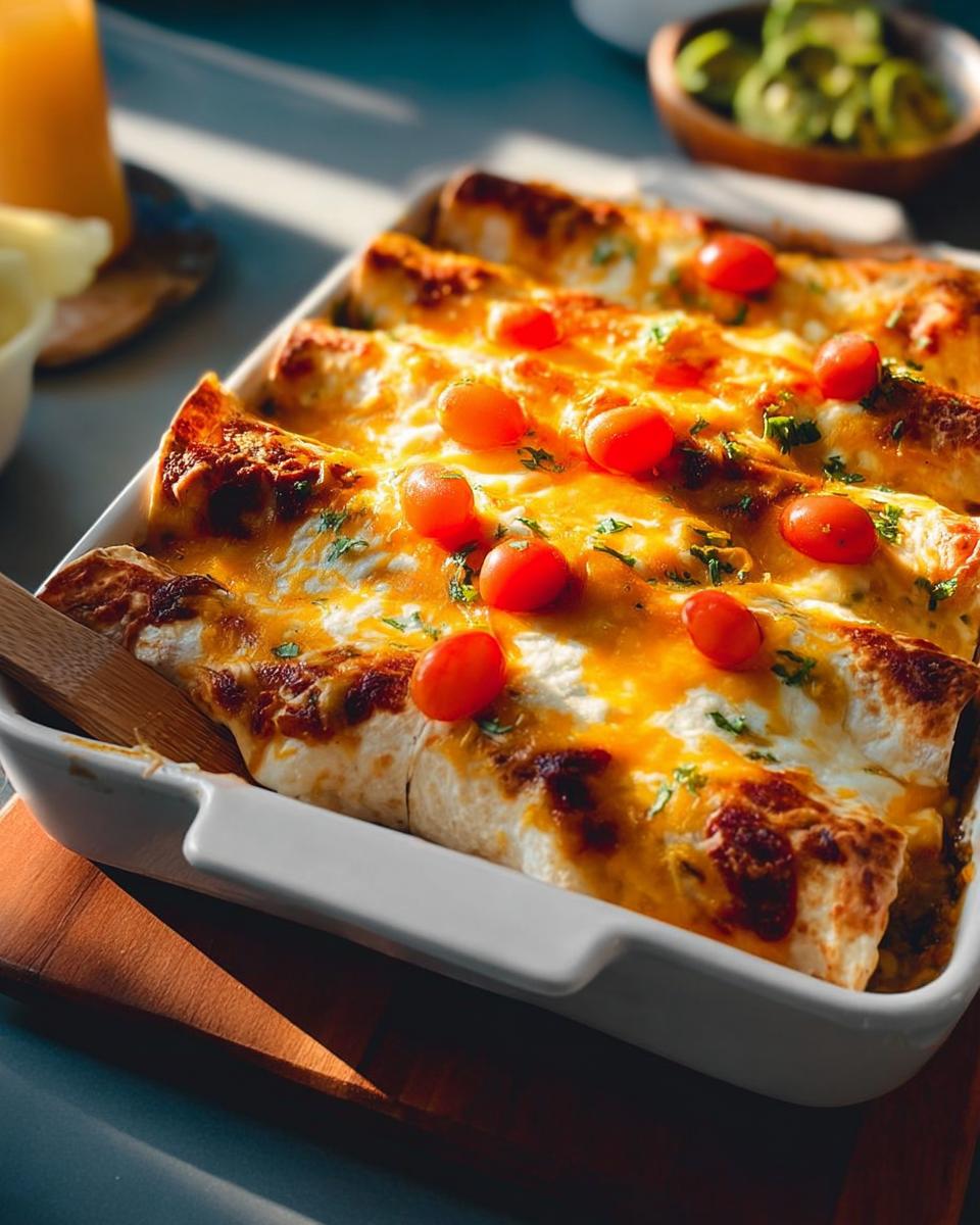 A white baking dish filled with cheesy enchiladas, topped with cherry tomatoes and fresh herbs, part of 25-Ingredient Healthy Meals Recipes.