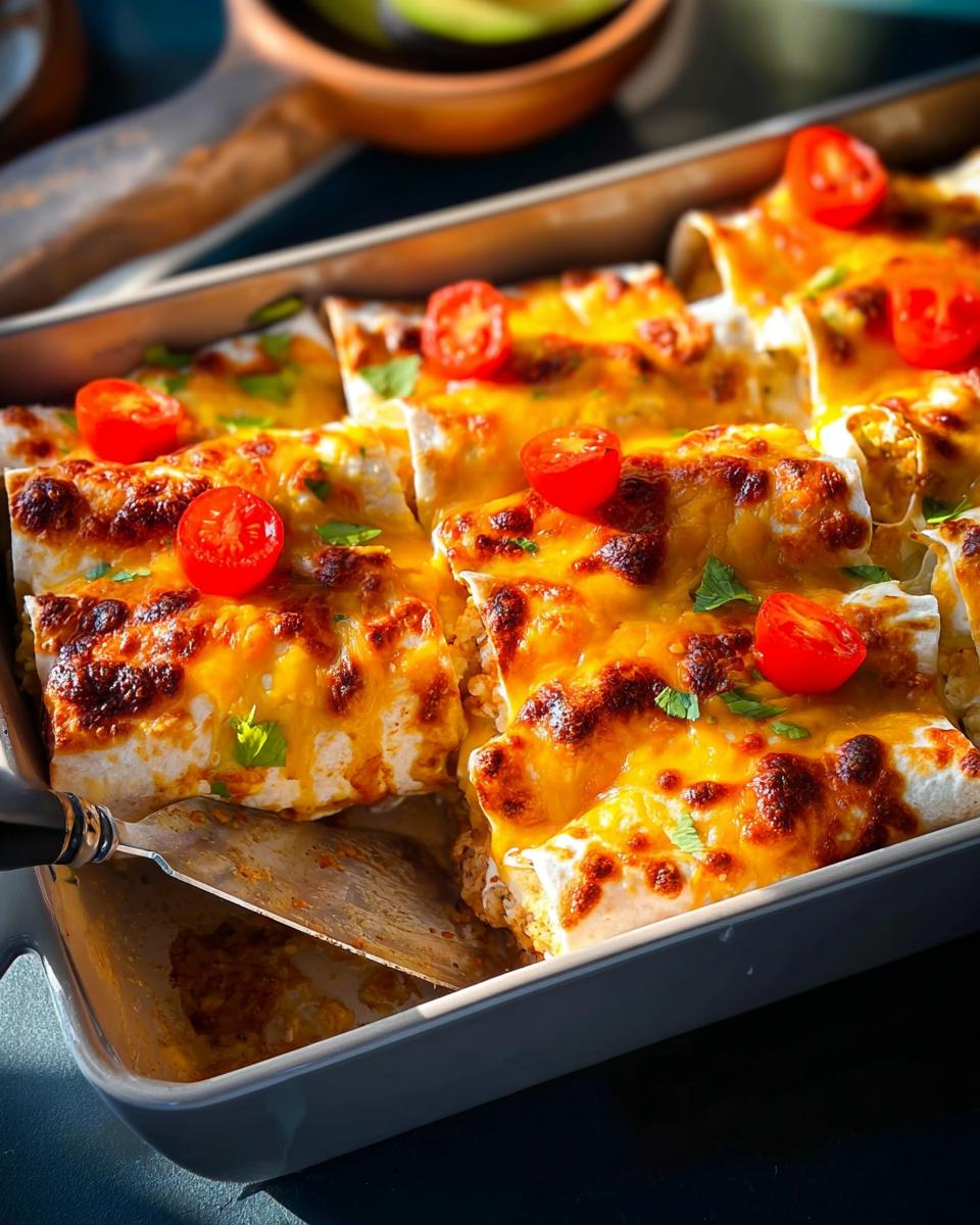 Close-up of baked enchiladas topped with melted cheese and cherry tomatoes, part of 25-Ingredient Healthy Meals Recipes.