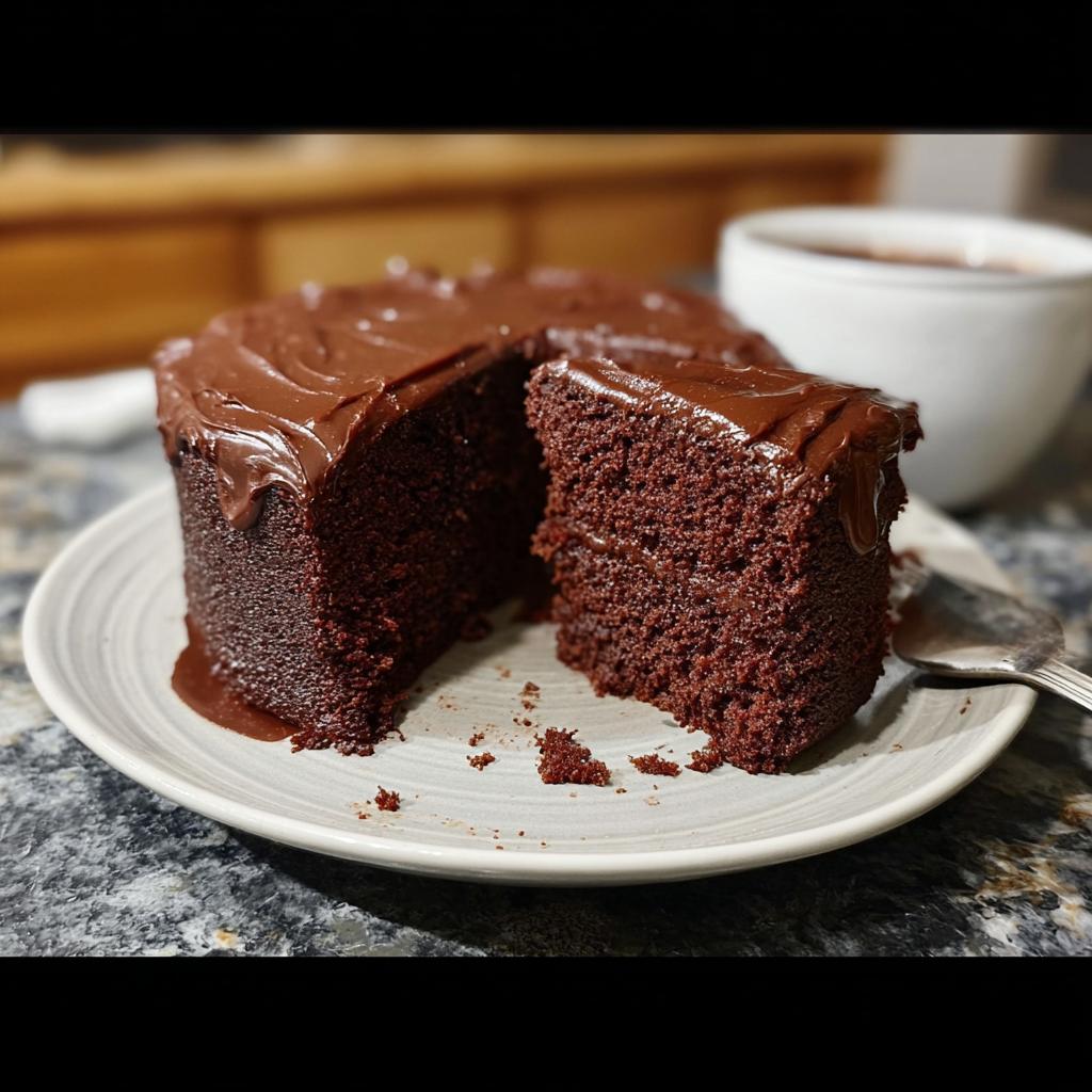 A slice of rich chocolate cake with glossy frosting, part of a 7-ingredient cake idea.