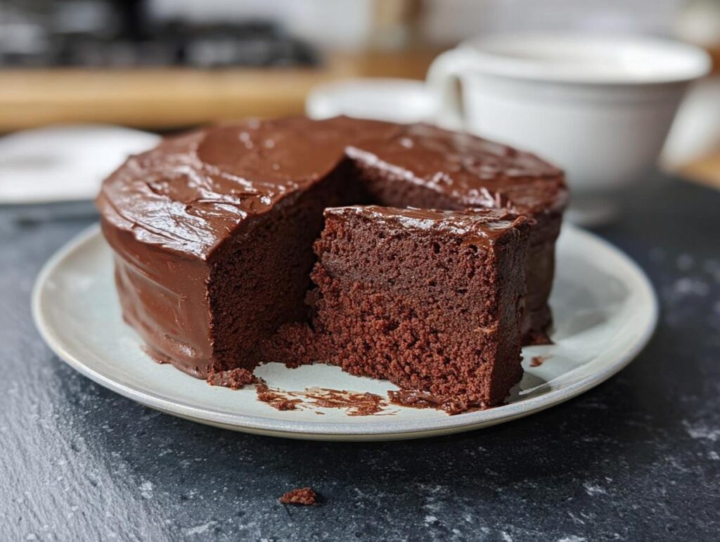 A slice of rich chocolate cake with glossy frosting, part of 7-Ingredient Cake Ideas Recipes.