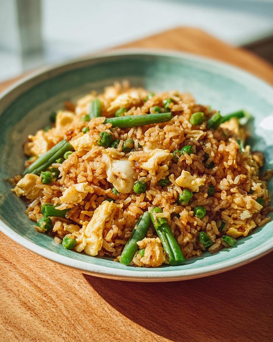 A close-up of a bowl of 7-ingredient egg fried rice, featuring scrambled egg, peas, and green beans.
