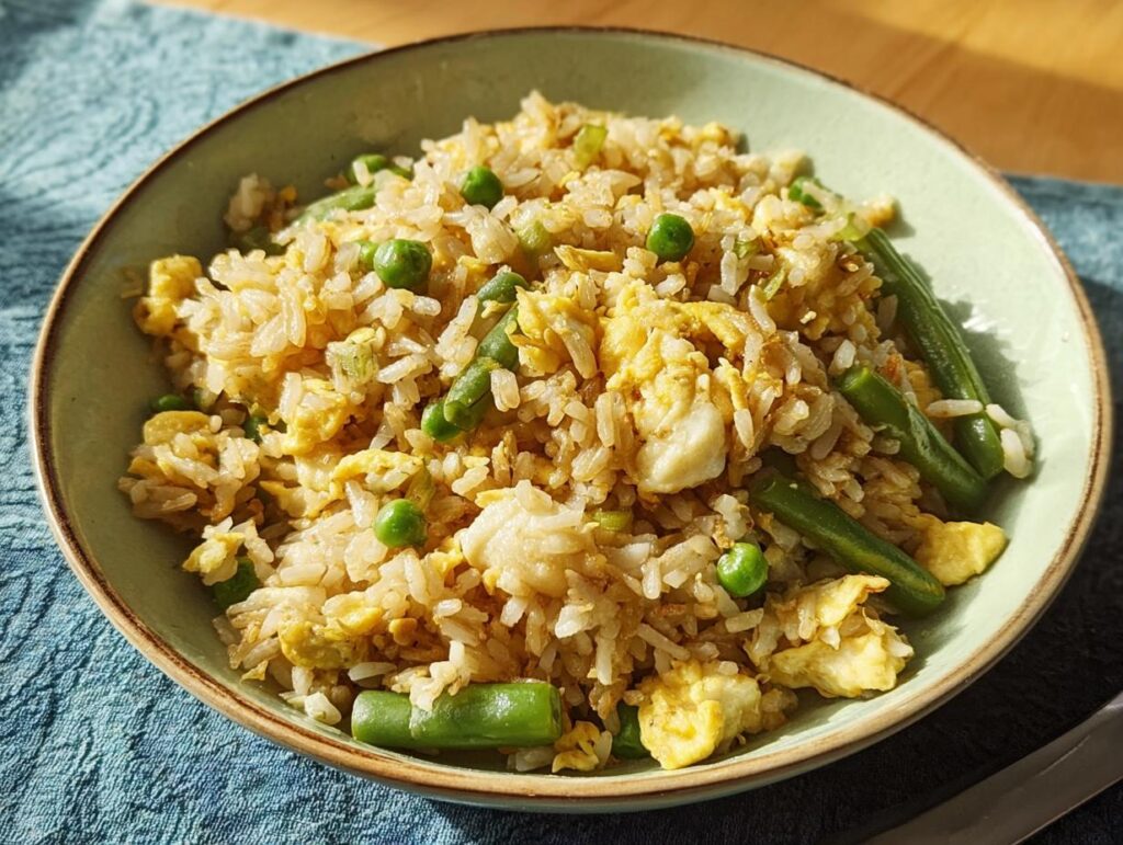 A bowl of 7-ingredient egg fried rice featuring scrambled egg, green beans, and peas.