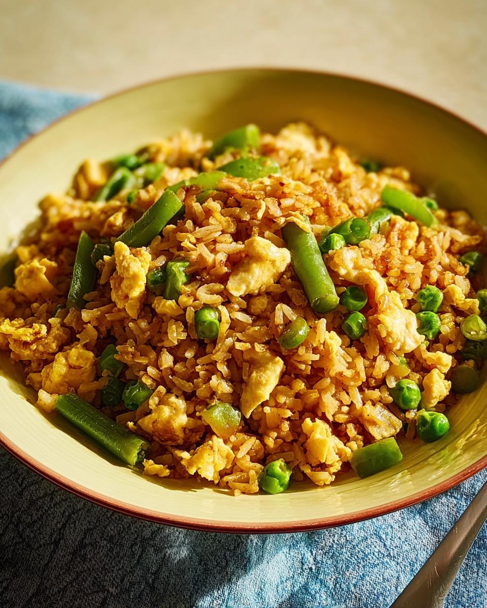 A close-up of a bowl of 7-ingredient egg fried rice featuring scrambled eggs, peas, and green beans.