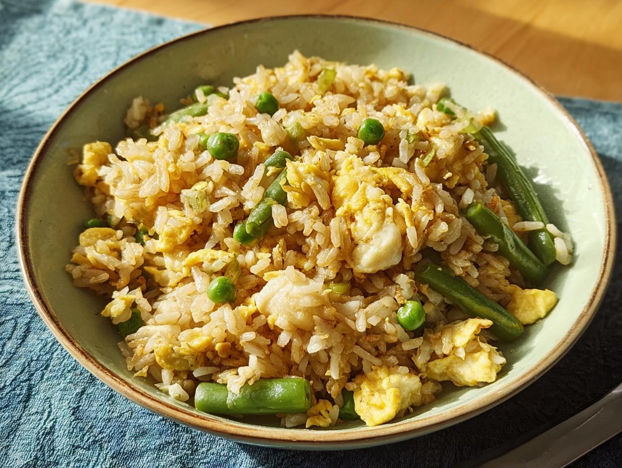 A bowl of 7-ingredient egg fried rice featuring scrambled egg, green beans, and peas.