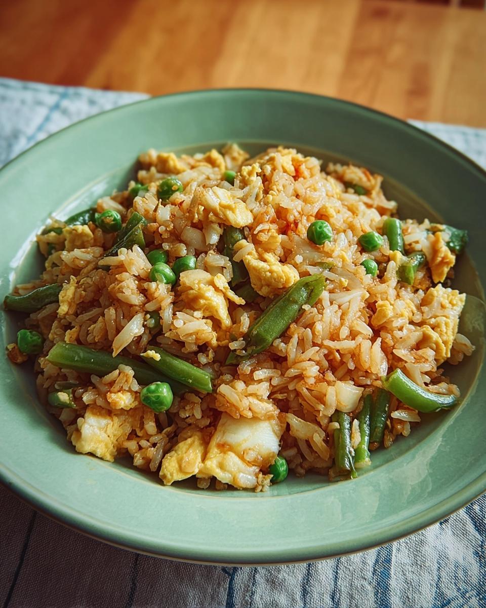 A close-up of a green bowl filled with 7-Ingredient Egg Recipes (No Fuss) fried rice, featuring scrambled eggs, peas, and green beans.