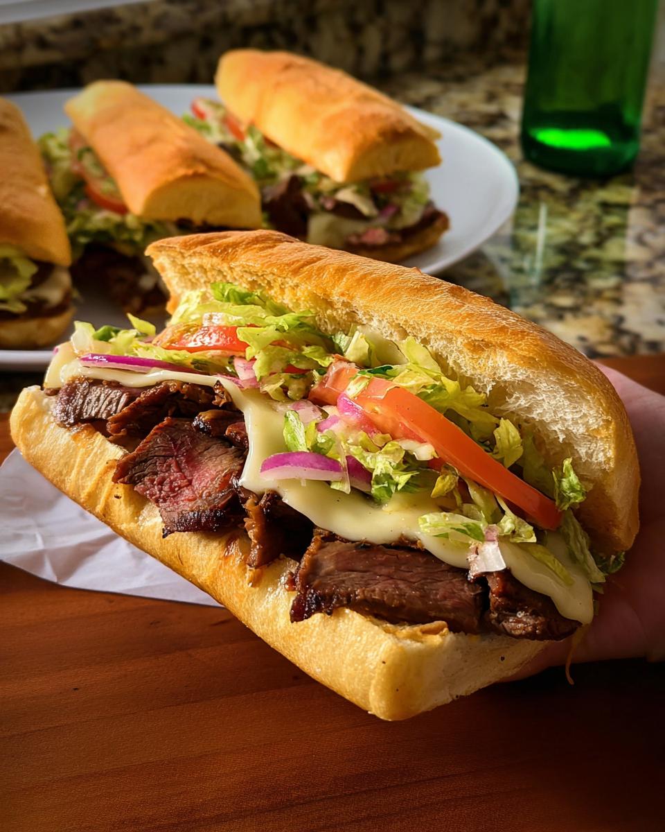 A delicious steak sandwich with lettuce, tomato, onion, and cheese, part of 7-Ingredient Sandwich Ideas Recipes.