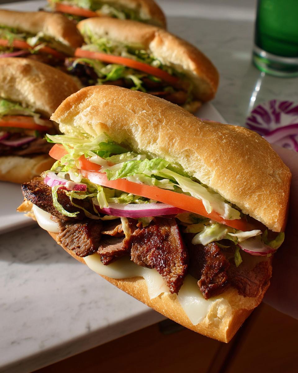 A close-up of a delicious 7-ingredient steak sandwich with melted cheese, lettuce, tomato, and red onion.