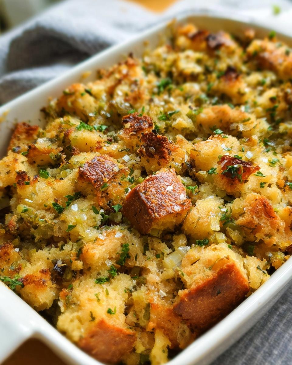 Close-up of a baked 7-ingredient stuffing recipe in a white dish, featuring golden-brown bread cubes and fresh herbs.