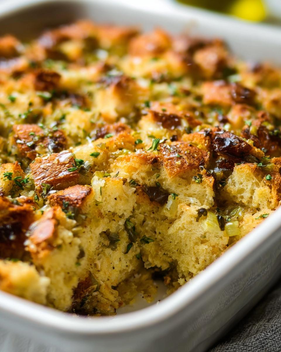 Close-up of a white baking dish filled with golden brown 7-ingredient stuffing, garnished with fresh herbs.