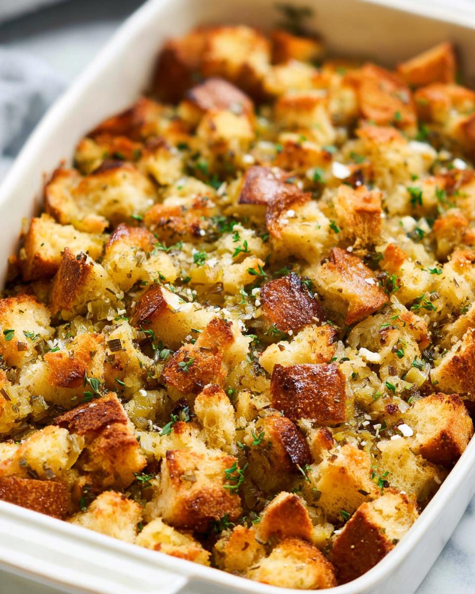 Close-up of a white baking dish filled with golden brown 7-ingredient stuffing, garnished with herbs.