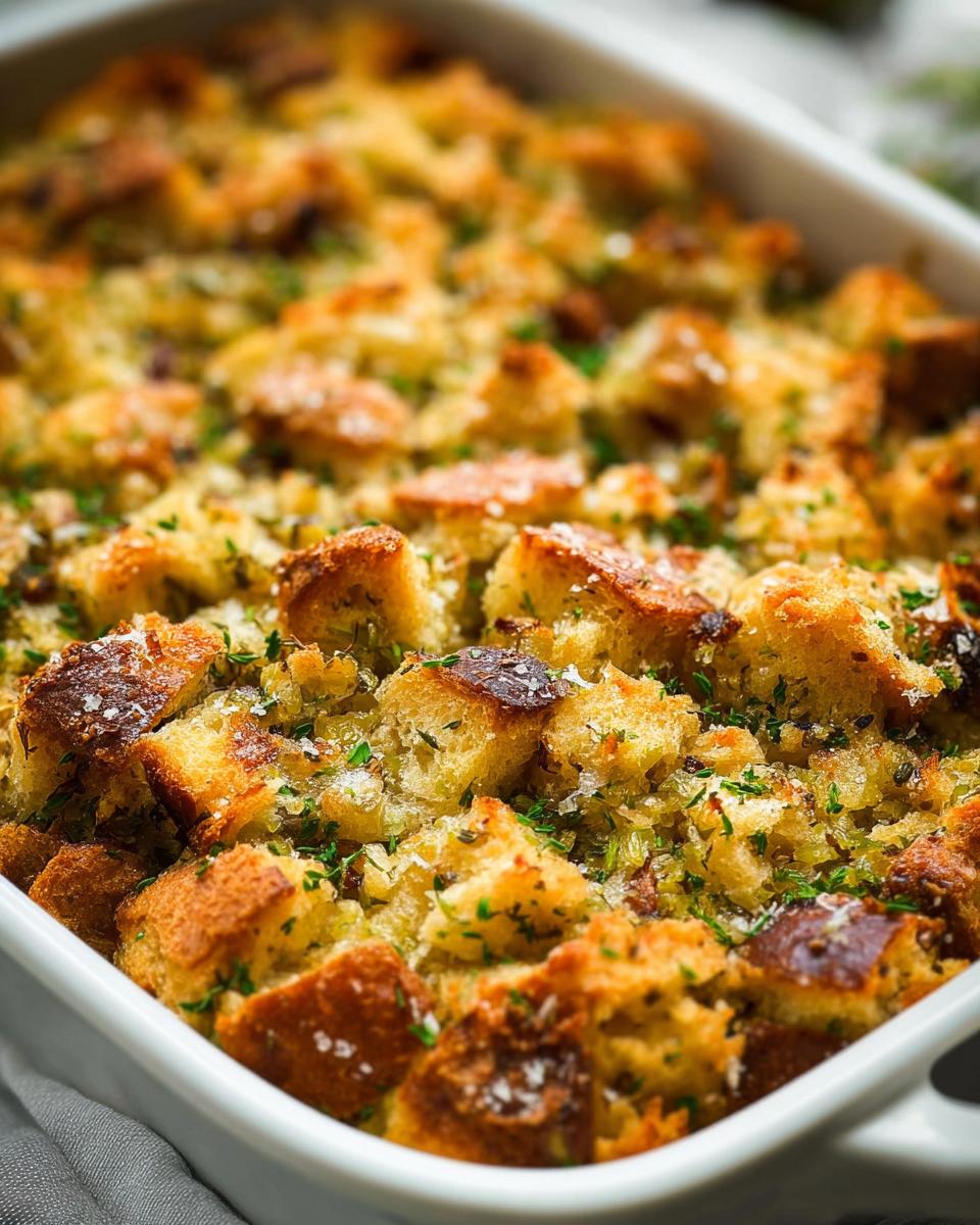 Close-up of a golden-brown, freshly baked 7-ingredient stuffing recipe in a white baking dish, garnished with parsley.