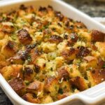 A close-up shot of a 7-ingredient stuffing recipe baked golden brown in a white casserole dish, garnished with fresh parsley.