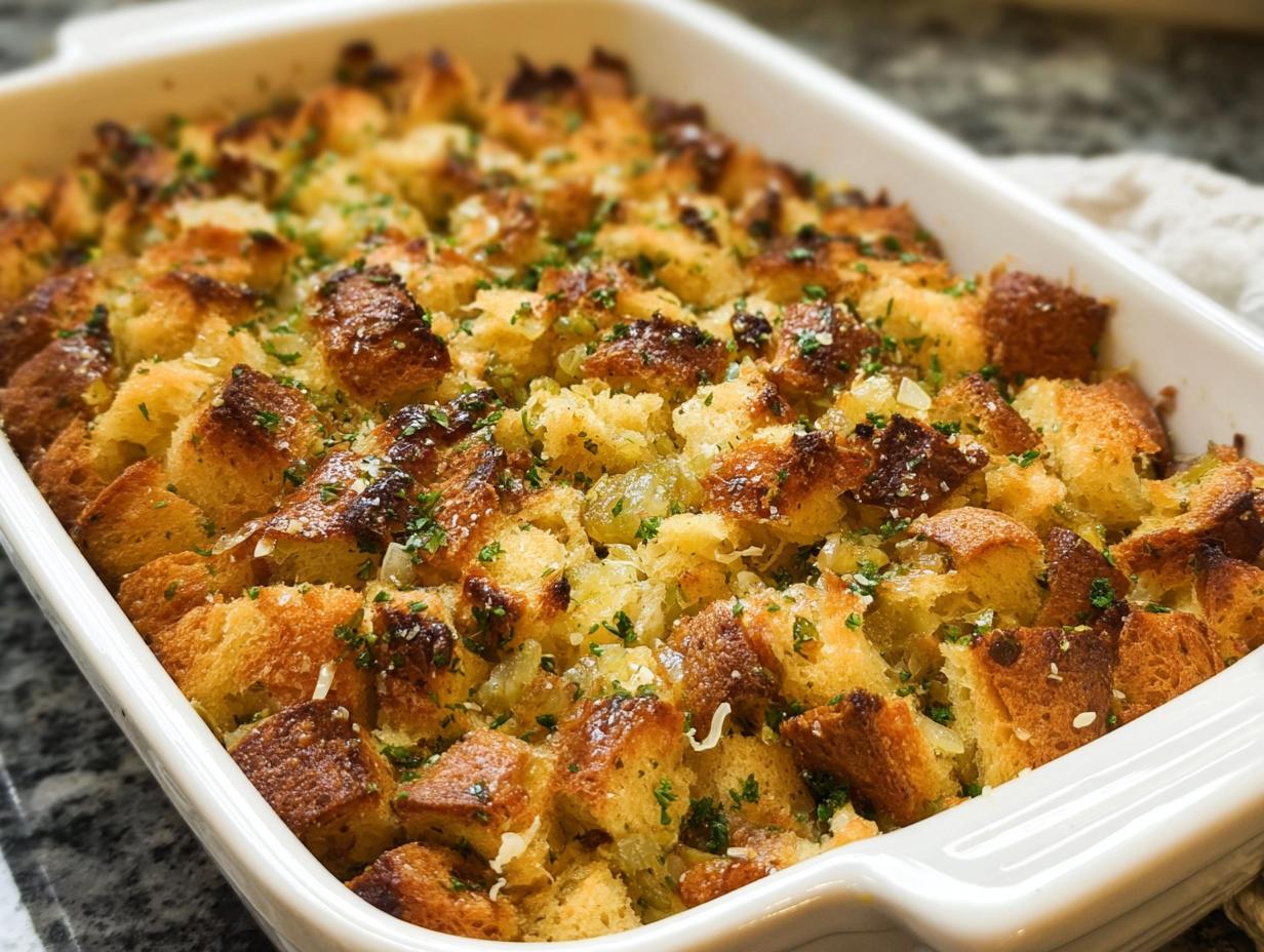 A close-up shot of a 7-ingredient stuffing recipe baked golden brown in a white casserole dish, garnished with fresh parsley.