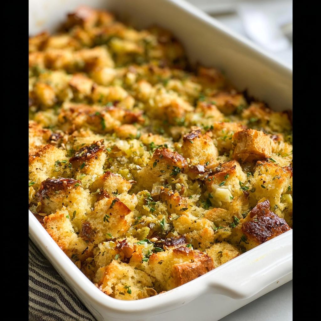 Close-up of a white baking dish filled with golden-brown, fluffy 7-ingredient stuffing, garnished with herbs.