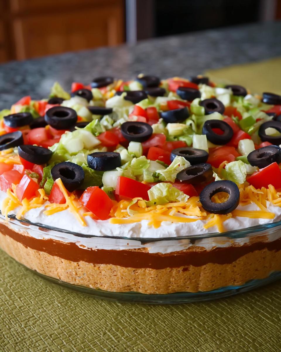 A delicious 7 layer taco dip, perfect for Taco Tuesday Recipes, topped with lettuce, tomatoes, olives, and cheese.