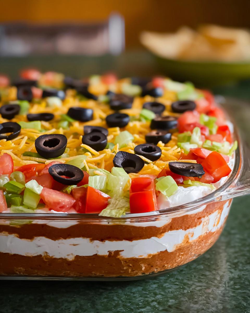 A close-up of a 7-layer taco dip, perfect for Taco Tuesday recipes, topped with shredded cheese, olives, tomatoes, and lettuce.