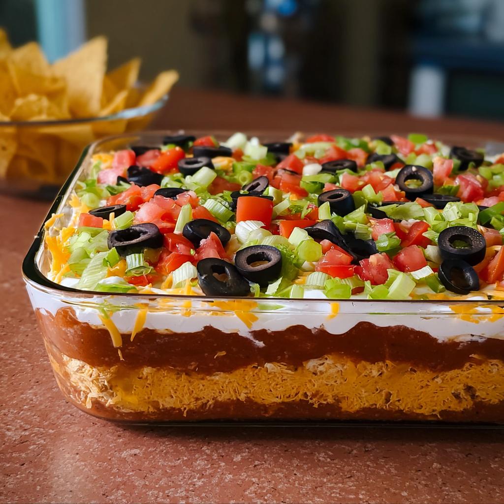 A delicious 7 layer taco dip, perfect for Taco Tuesday recipes, topped with tomatoes, olives, and green onions.