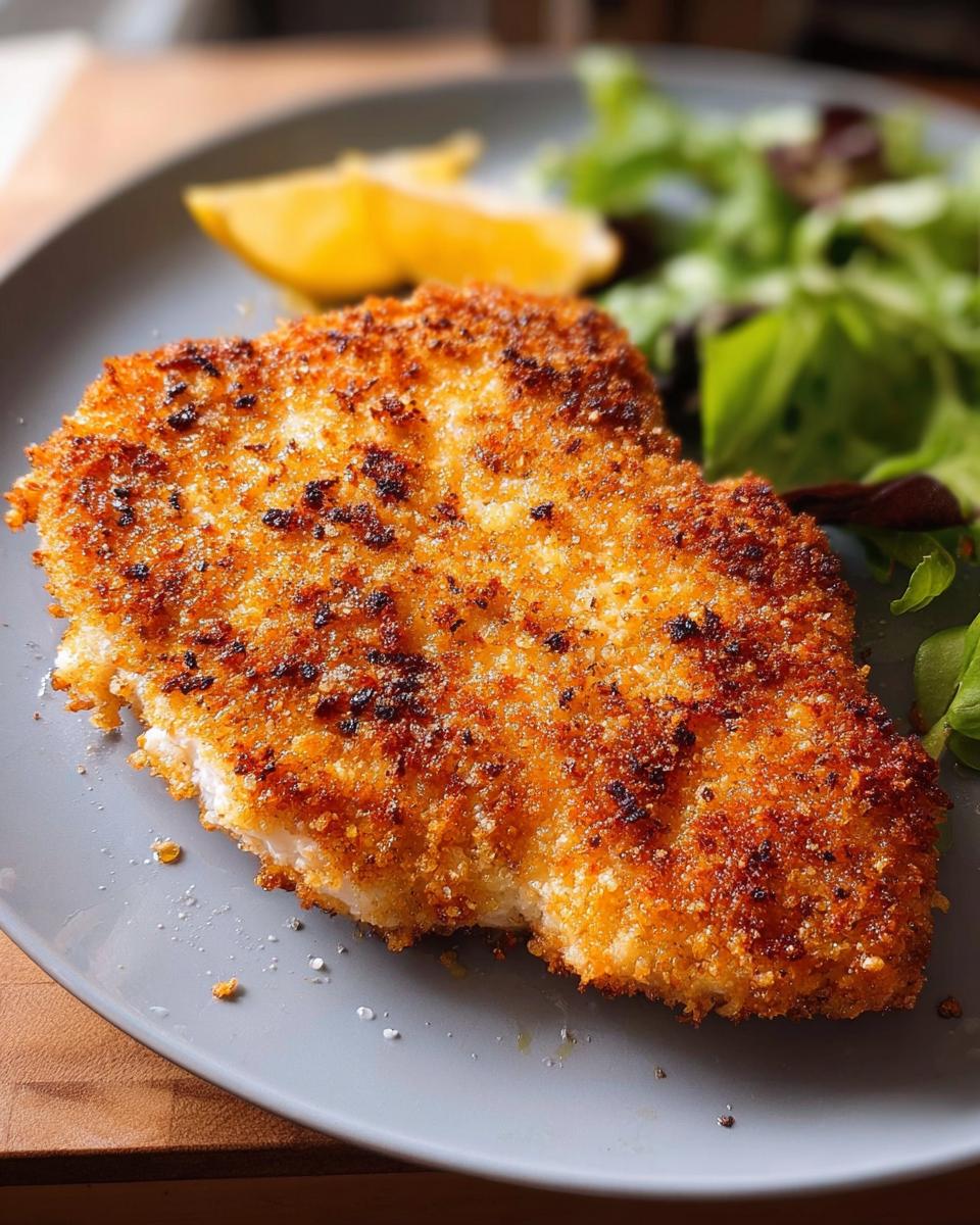 A perfectly golden-brown, crispy air fryer chicken breast served with a side of fresh green salad and lemon wedges.