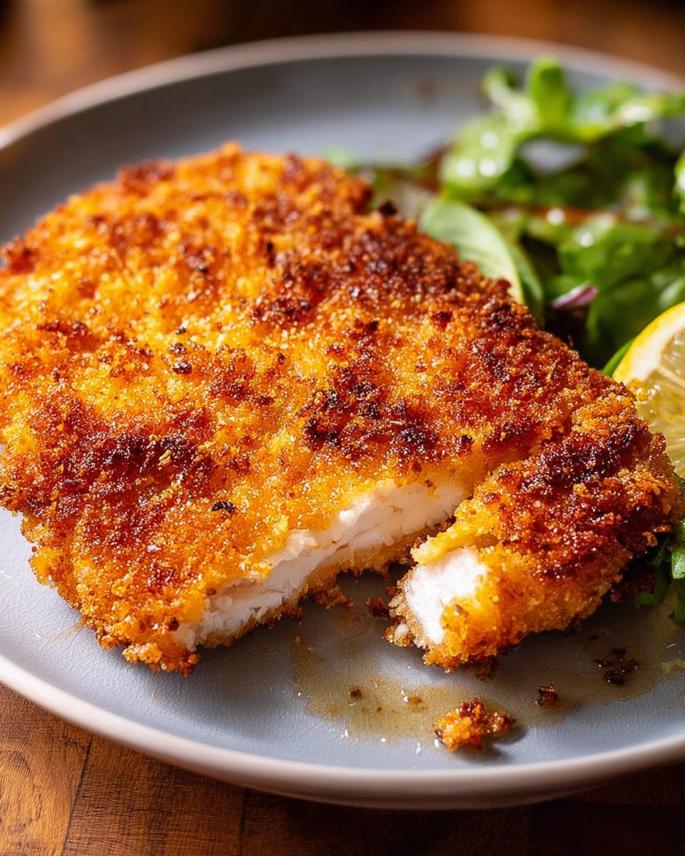 A perfectly cooked, crispy air fryer chicken breast served with a side of fresh salad and lemon.