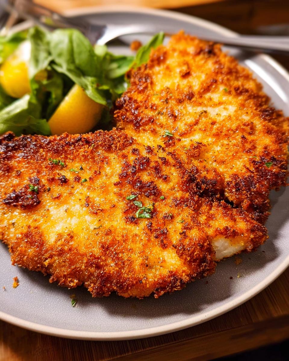 Close-up of a perfectly golden and crispy breaded air fryer chicken breast served with a side salad and lemon wedges.