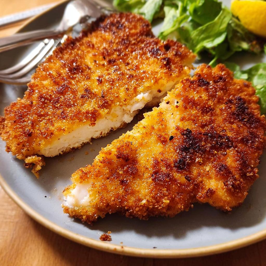 Close-up of a golden-brown, crispy air fryer chicken breast cut in half, served with a side salad and lemon wedge.