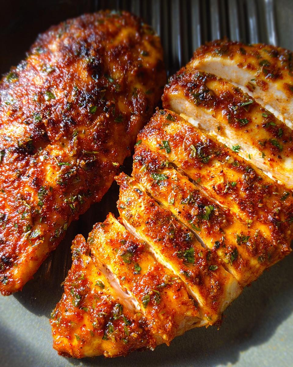 Close-up of perfectly cooked air fryer chicken breast, seasoned and sliced.