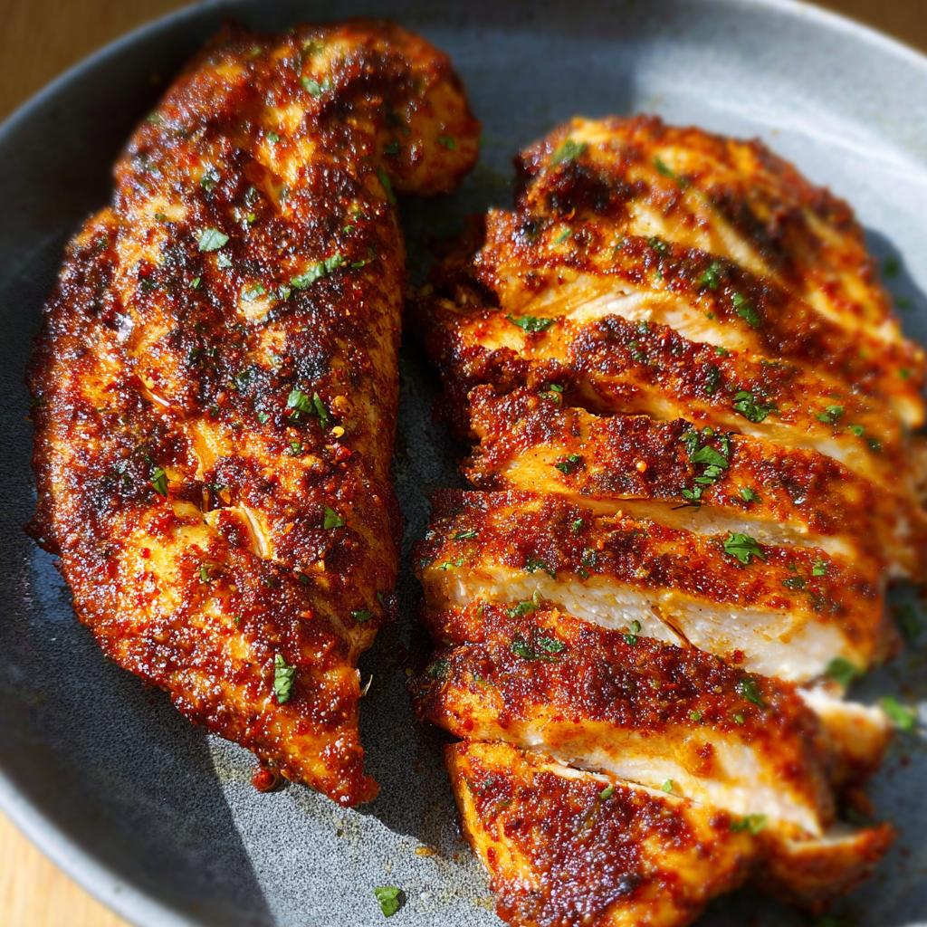Close-up of a perfectly cooked air fryer chicken breast, sliced and seasoned with a reddish spice blend and fresh herbs.