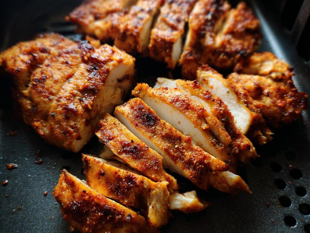 Close-up of sliced air fryer chicken breast, seasoned and perfectly cooked, showing juicy white meat.