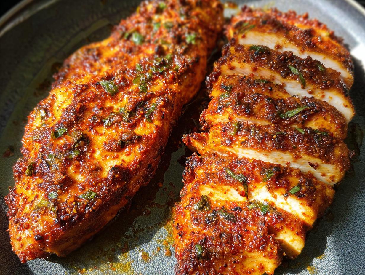 Close-up of a perfectly cooked air fryer chicken breast, sliced to reveal juicy white meat and a flavorful spice rub.