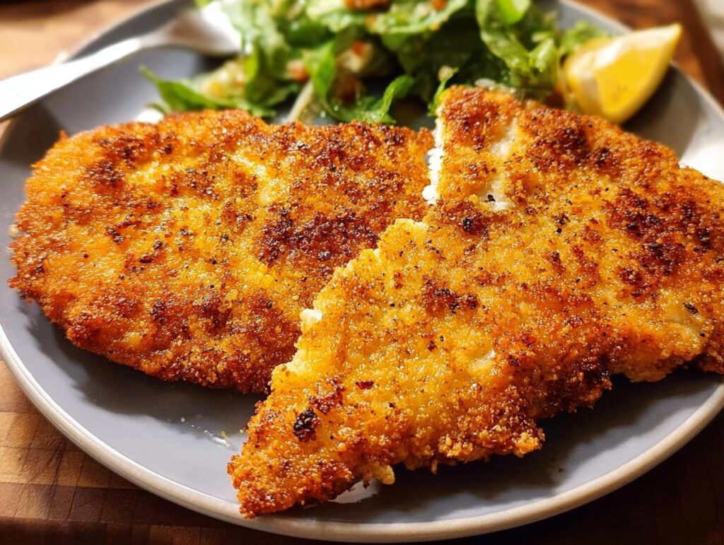 Two golden-brown, crispy air fryer chicken breasts served with a side of salad and a lemon wedge.