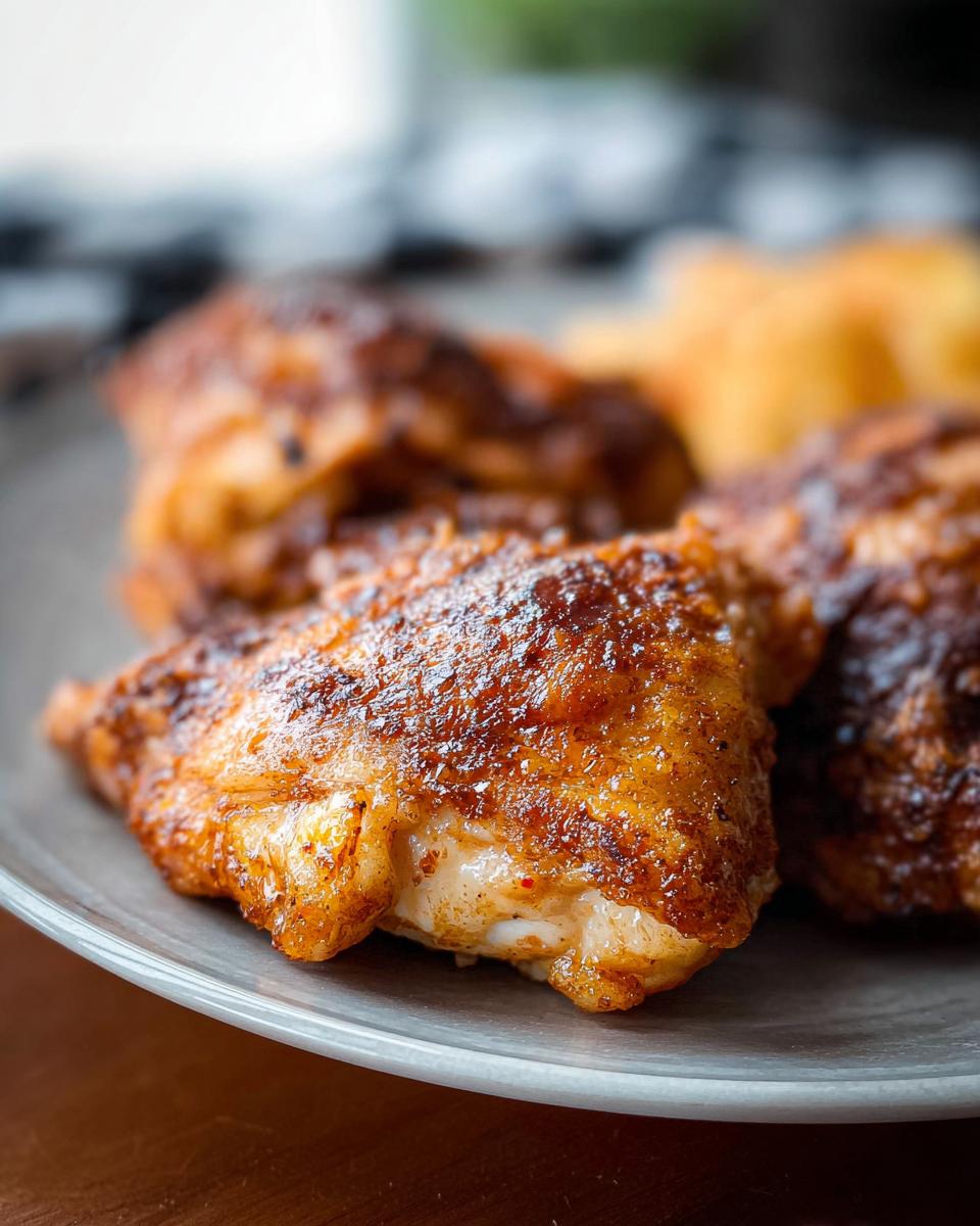 Close-up of juicy, crispy air fryer chicken pieces seasoned with spices, served on a plate.