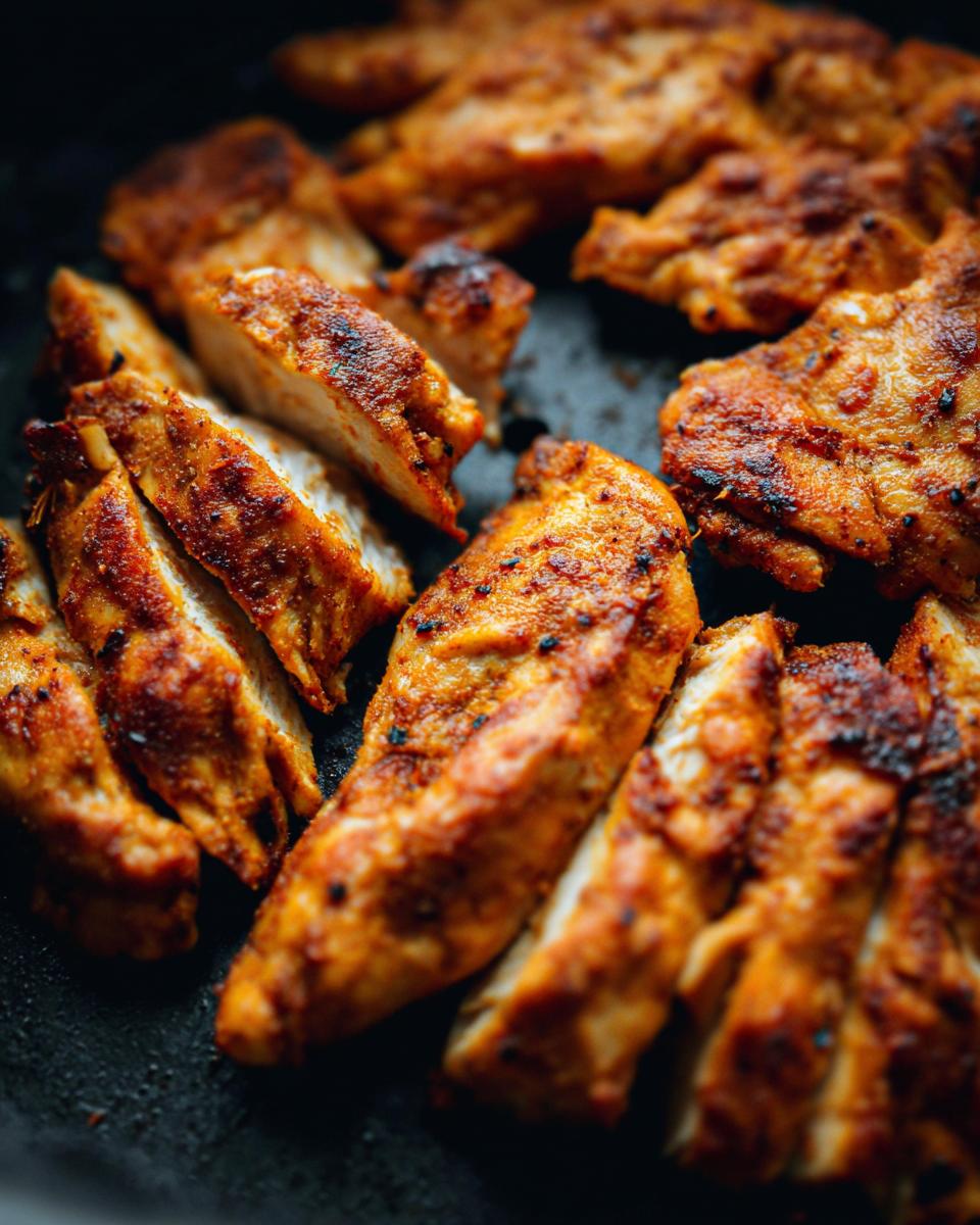 Close-up of perfectly cooked air fryer chicken pieces, seasoned and sliced.