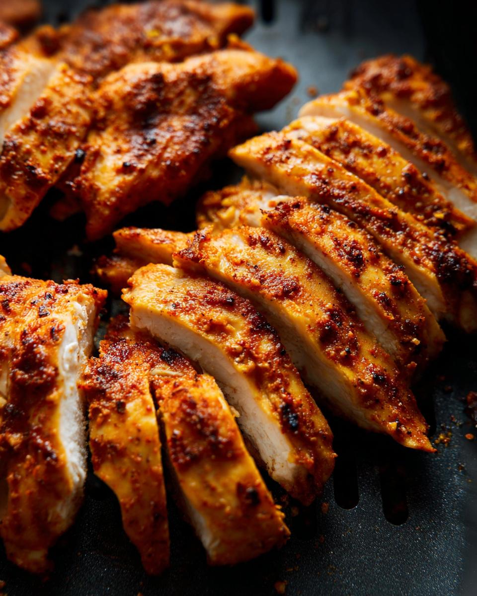Close-up of perfectly cooked, sliced air fryer chicken breast with a flavorful spice rub.