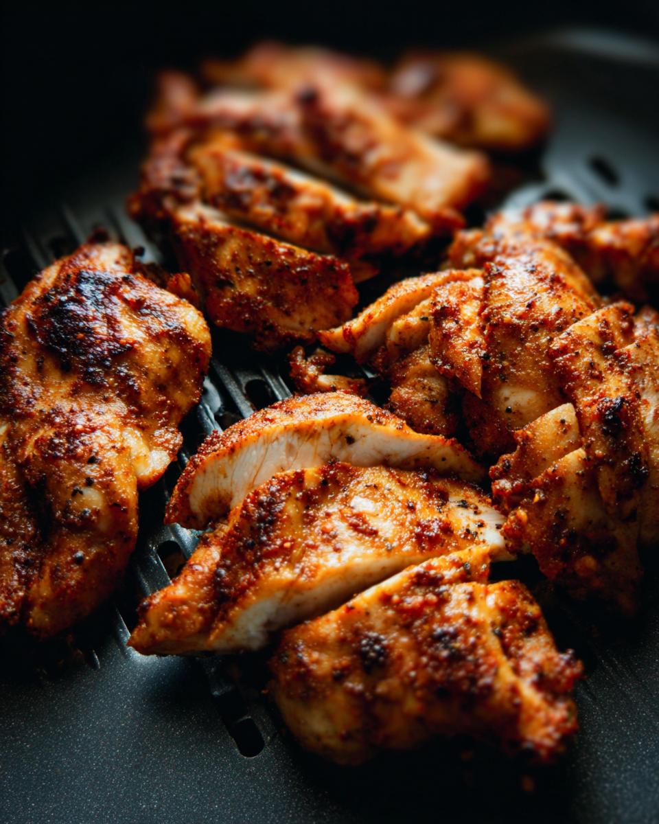 Close-up of sliced air fryer chicken recipes, seasoned and cooked to perfection.